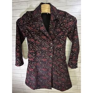 Free People Womens Equestrian Coat Heavy Jacquard Red Green Sz Sm‎ Metal Button